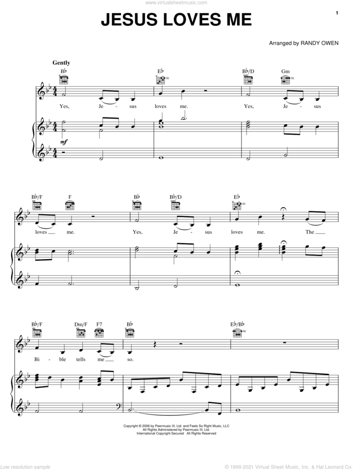 Jesus Loves Me sheet music for voice, piano or guitar by Alabama and Randy Owen, intermediate skill level