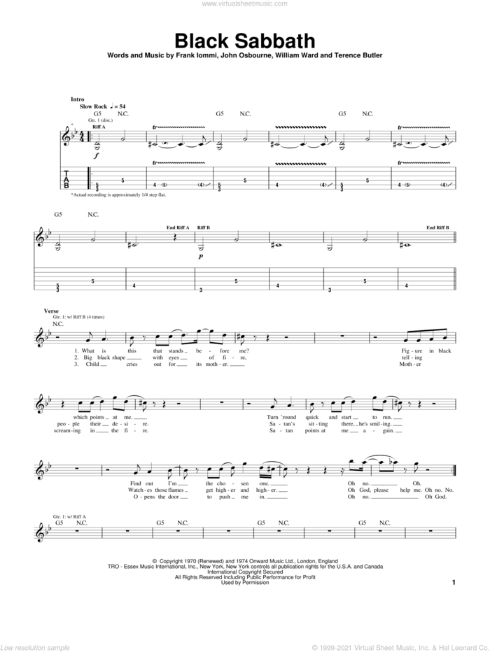 Black Sabbath sheet music for guitar (tablature) by Black Sabbath, Frank Iommi, John Osbourne and Terence Butler, intermediate skill level