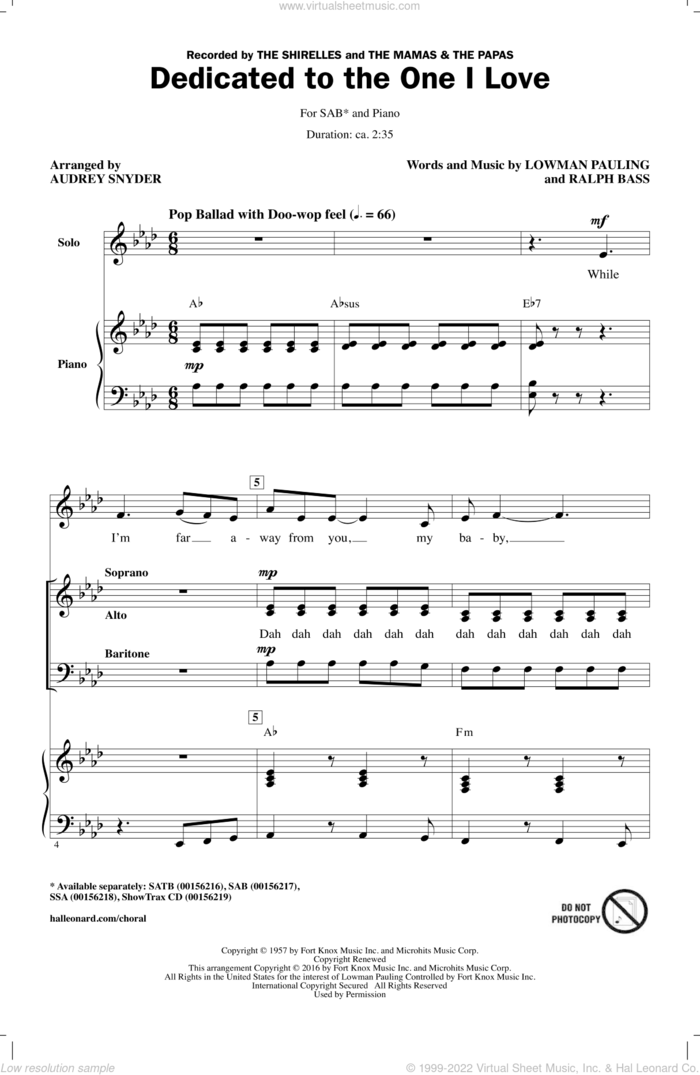 Dedicated To The One I Love sheet music for choir (SAB: soprano, alto, bass) by Lowman Pauling, Audrey Snyder, The Mamas & The Papas, The Shirelles and Ralph Bass, intermediate skill level