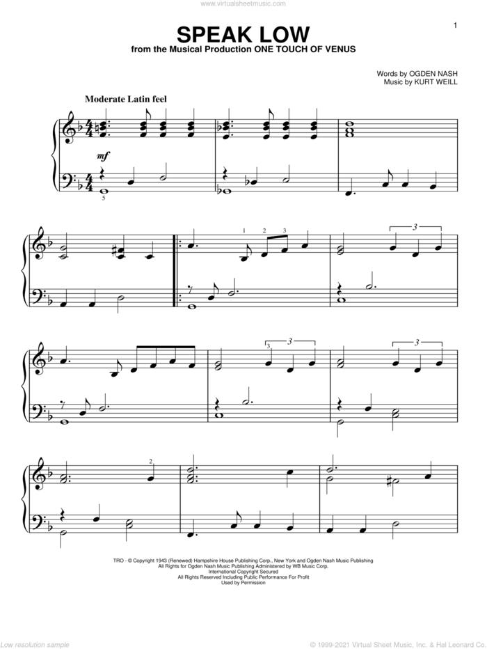 Speak Low sheet music for piano solo by Kurt Weill and Ogden Nash, easy skill level