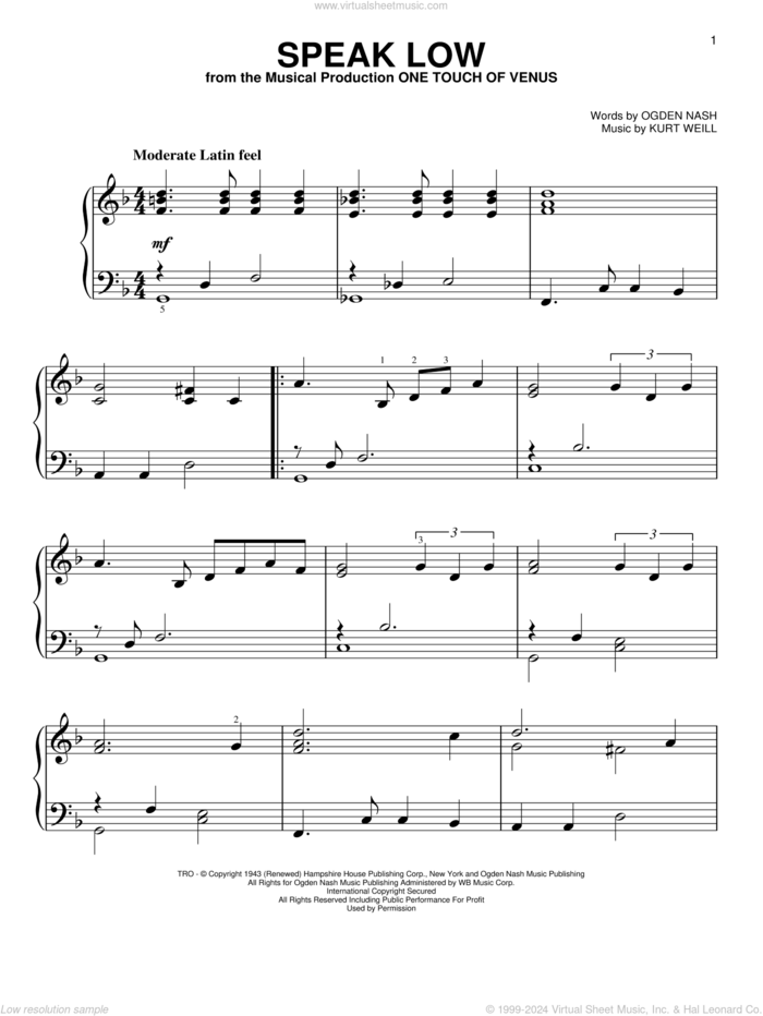 Speak Low, (easy) sheet music for piano solo by Kurt Weill and Ogden Nash, easy skill level