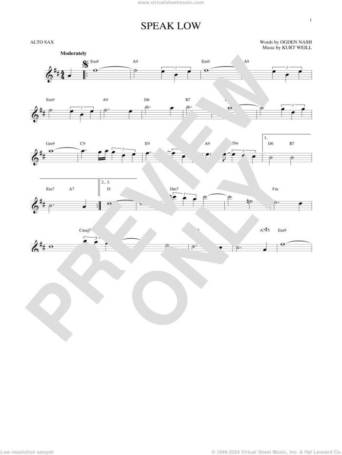 Speak Low sheet music for alto saxophone solo by Kurt Weill and Ogden Nash, intermediate skill level