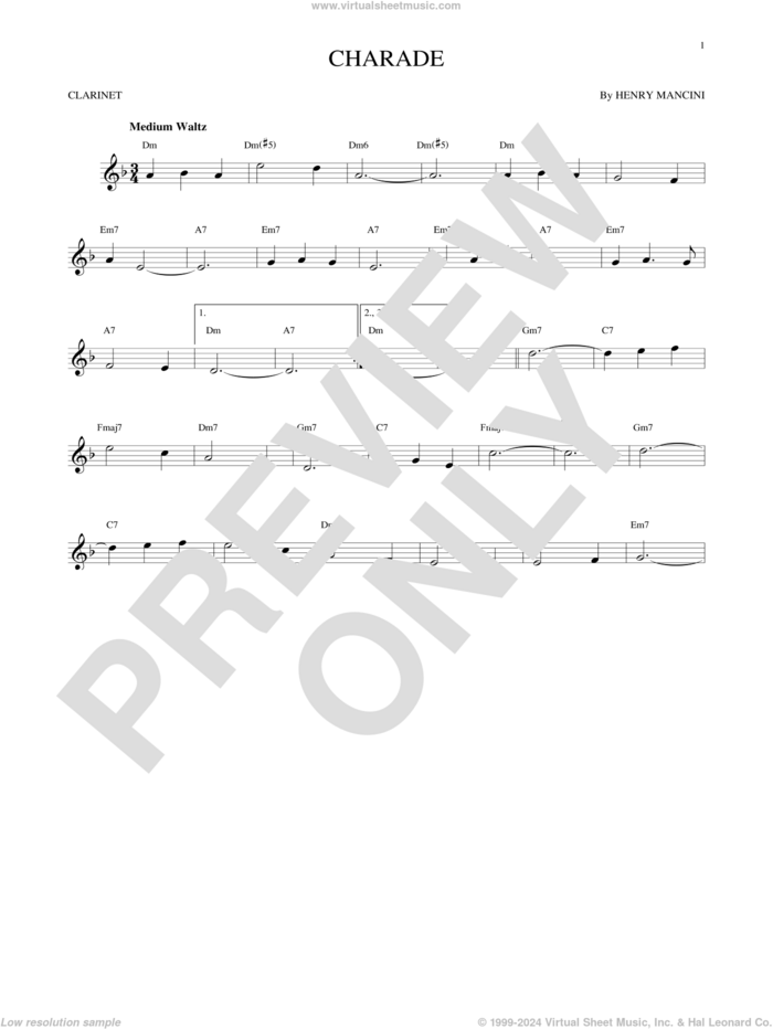 Charade sheet music for clarinet solo by Henry Mancini, intermediate skill level