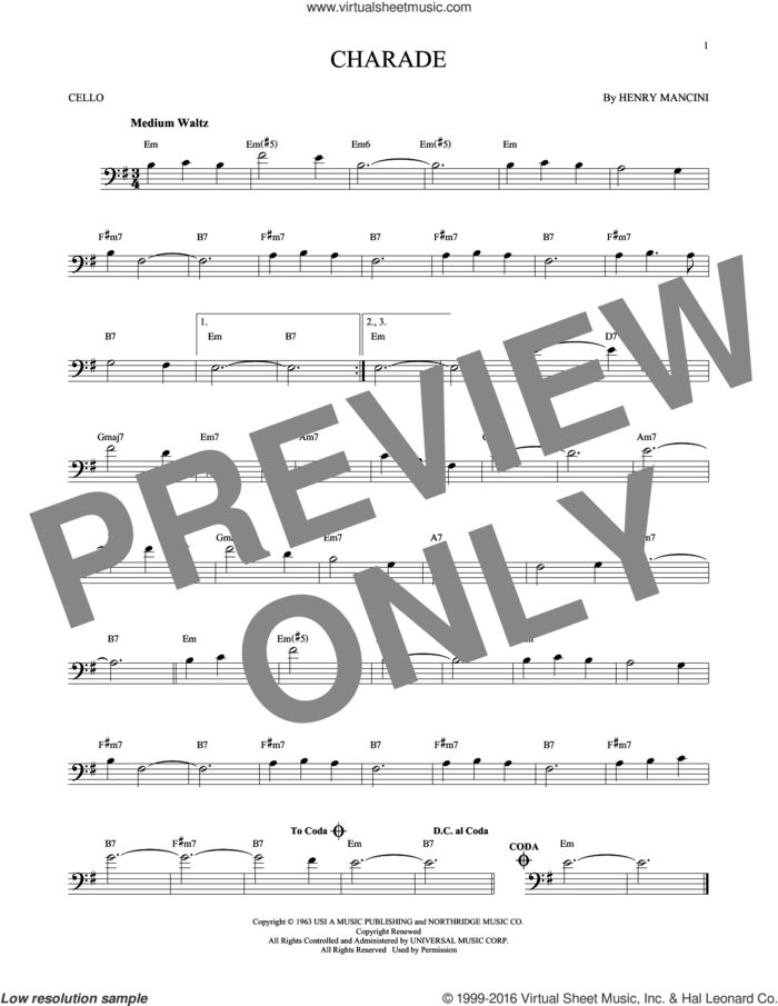 Charade sheet music for cello solo by Henry Mancini, intermediate skill level