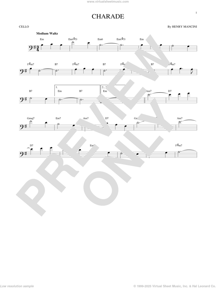 Charade sheet music for cello solo by Henry Mancini, intermediate skill level