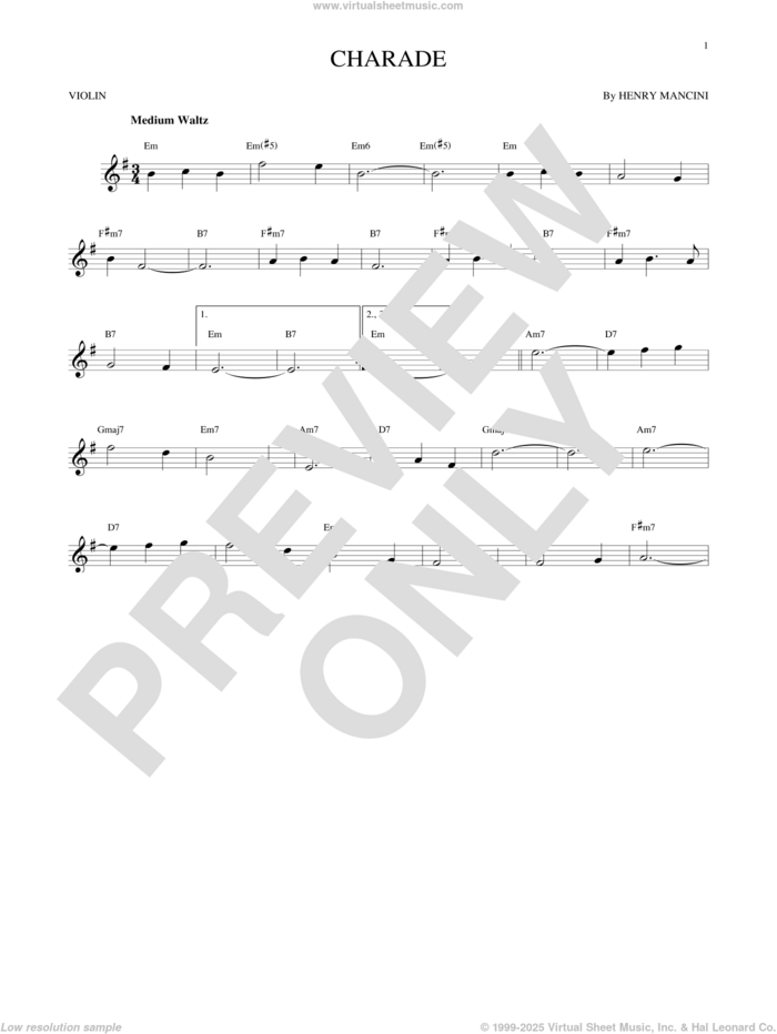 Charade sheet music for violin solo by Henry Mancini, intermediate skill level