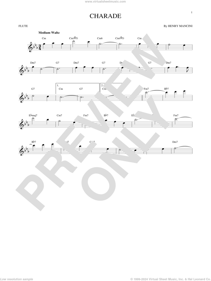 Charade sheet music for flute solo by Henry Mancini, intermediate skill level