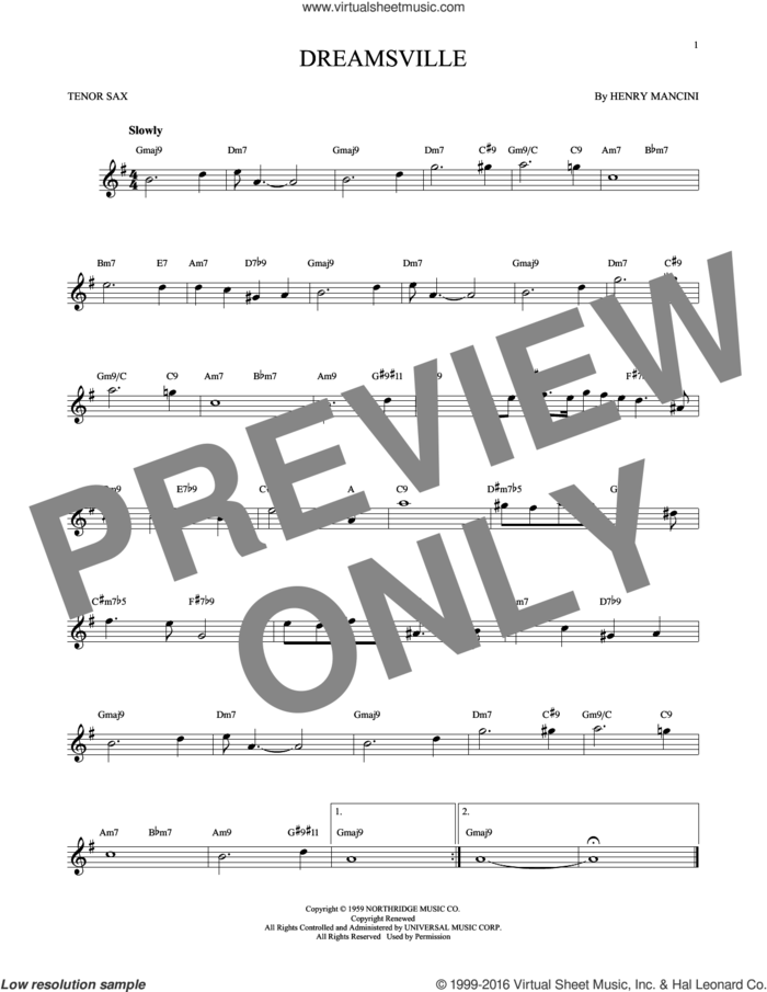 Dreamsville sheet music for tenor saxophone solo by Henry Mancini, intermediate skill level