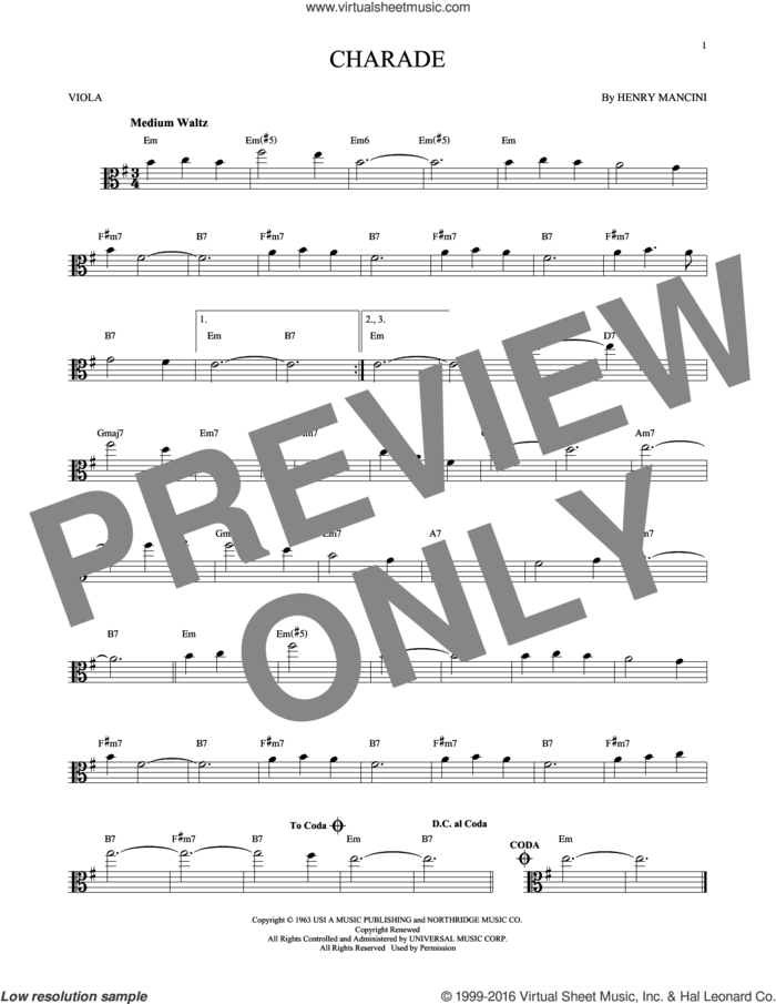 Charade sheet music for viola solo by Henry Mancini, intermediate skill level