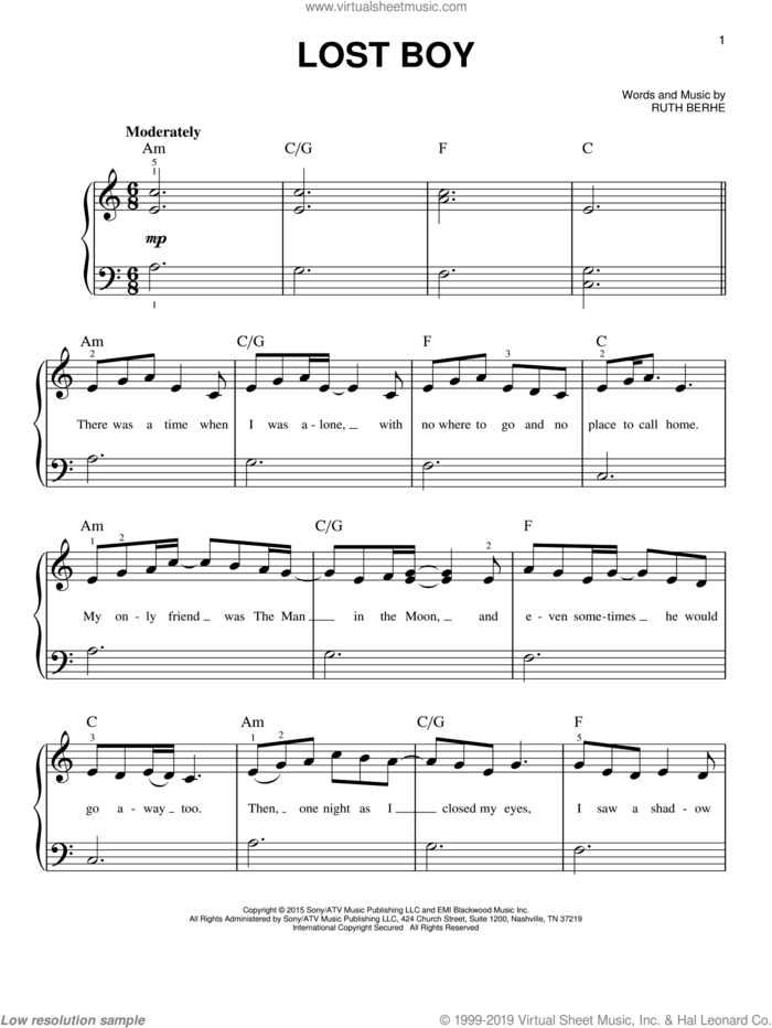 Lost Boy, (easy) sheet music for piano solo by Ruth B and Ruth Berhe, easy skill level