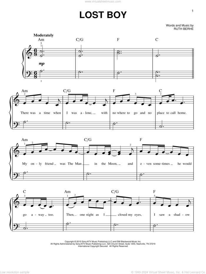 Lost Boy, (easy) sheet music for piano solo by Ruth B and Ruth Berhe, easy skill level