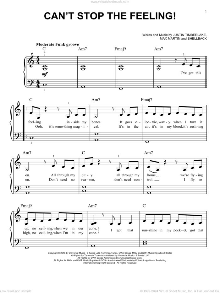 Can't Stop The Feeling sheet music for piano solo by Justin Timberlake, Johan Schuster, Max Martin and Shellback, beginner skill level