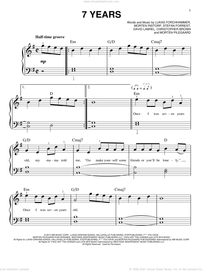 7 Years sheet music for piano solo by Lukas Graham, Chris Brown, David Labrel, Lukas Forchhammer, Morten Pilegaard, Morten Ristorp and Stefan Forrest, easy skill level