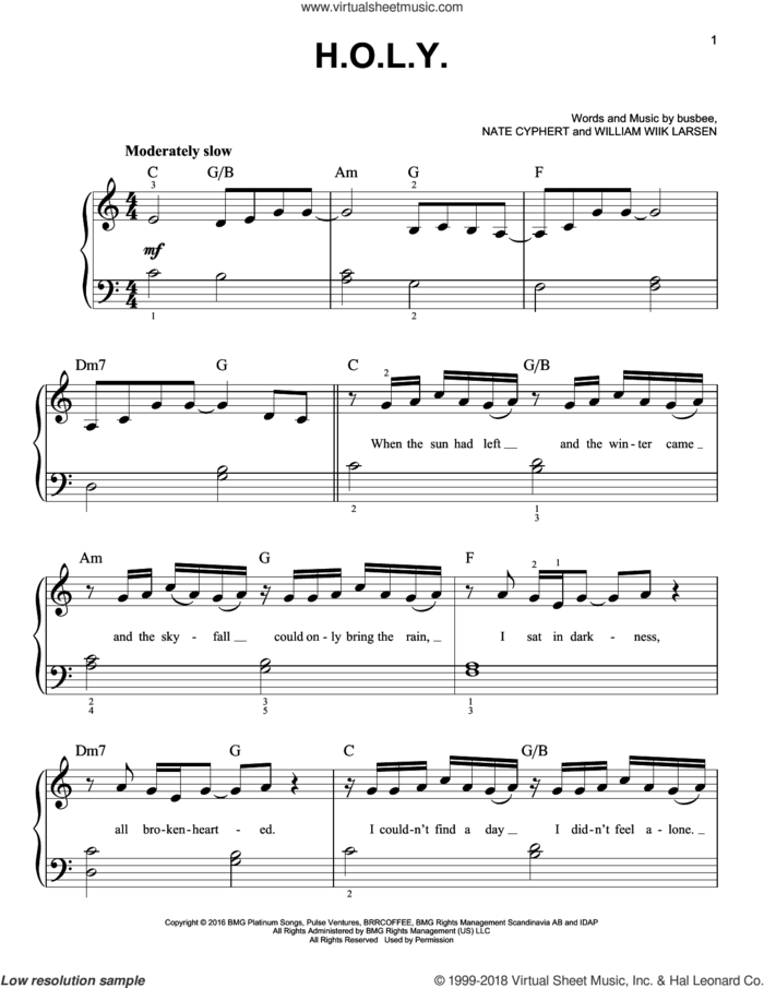 H.O.L.Y., (beginner) sheet music for piano solo by Florida Georgia Line, busbee, Nate Cyphert and William Wiik Larsen, beginner skill level