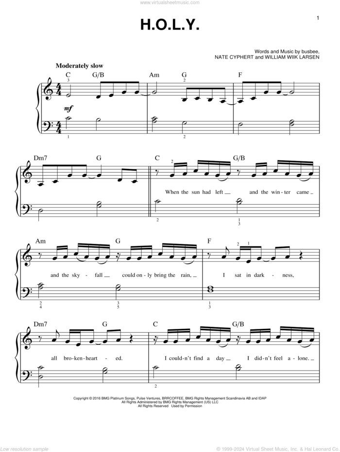 H.O.L.Y., (beginner) sheet music for piano solo by Florida Georgia Line, busbee, Nate Cyphert and William Wiik Larsen, beginner skill level