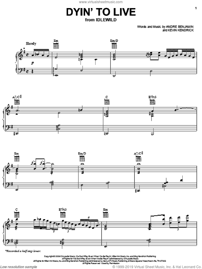 Dyin' To Live sheet music for voice, piano or guitar by OutKast, Andre Benjamin and Kevin Kendricks, intermediate skill level