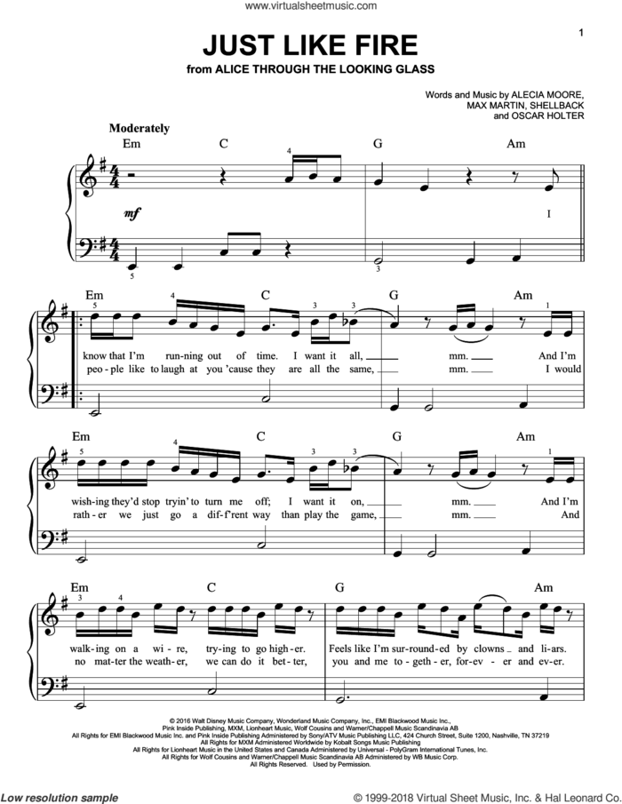 Just Like Fire, (beginner) sheet music for piano solo by Max Martin, Miscellaneous, Alecia Moore, Johan Schuster, Oscar Holter and Shellback, beginner skill level