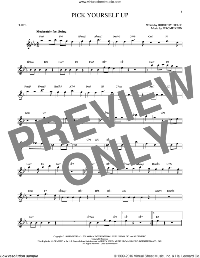 Pick Yourself Up sheet music for flute solo by Jerome Kern and Dorothy Fields, intermediate skill level
