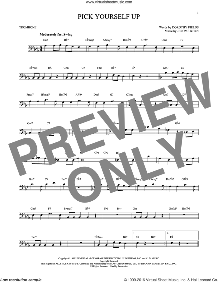 Pick Yourself Up sheet music for trombone solo by Jerome Kern and Dorothy Fields, intermediate skill level