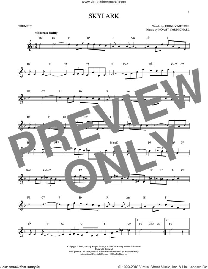 Skylark sheet music for trumpet solo by Hoagy Carmichael and Johnny Mercer, intermediate skill level