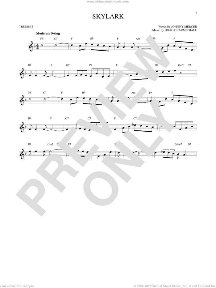 Skylark sheet music for trumpet solo by Hoagy Carmichael and Johnny Mercer, intermediate skill level