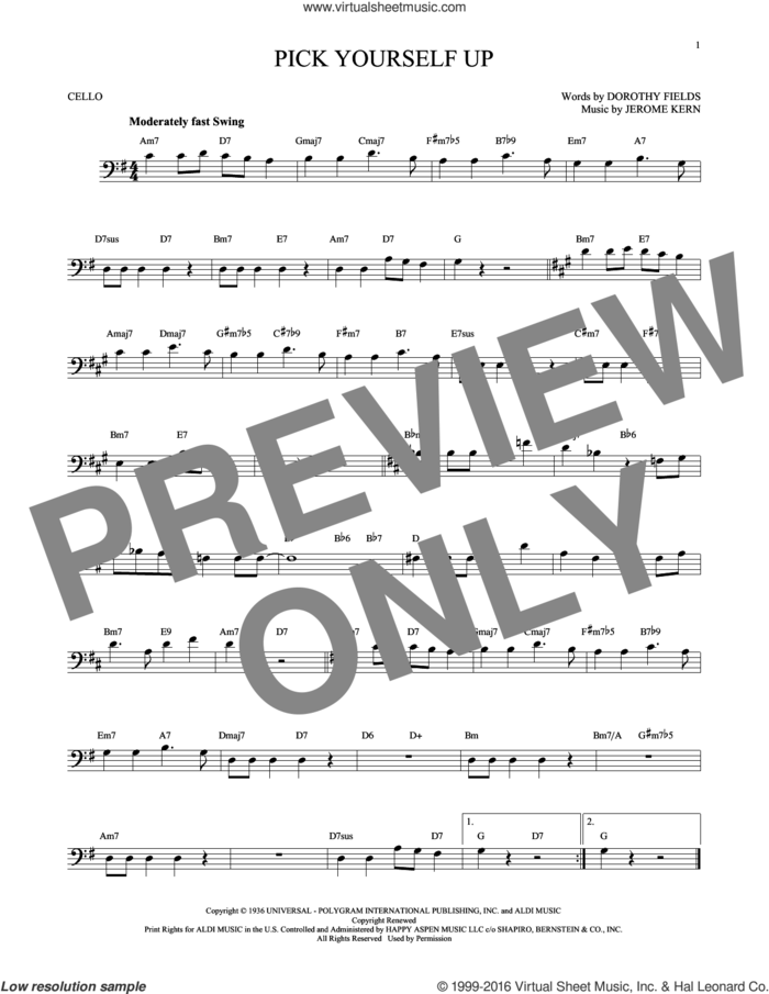 Pick Yourself Up sheet music for cello solo by Jerome Kern and Dorothy Fields, intermediate skill level