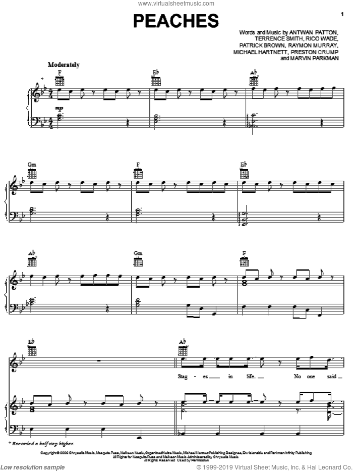 Peaches sheet music for voice, piano or guitar by OutKast, Antwan Patton, Marvin Parkman, Michael Hartnett, Patrick Brown, Preston Crump, Raymon Murray, Rico Wade and Terrence Smith, intermediate skill level