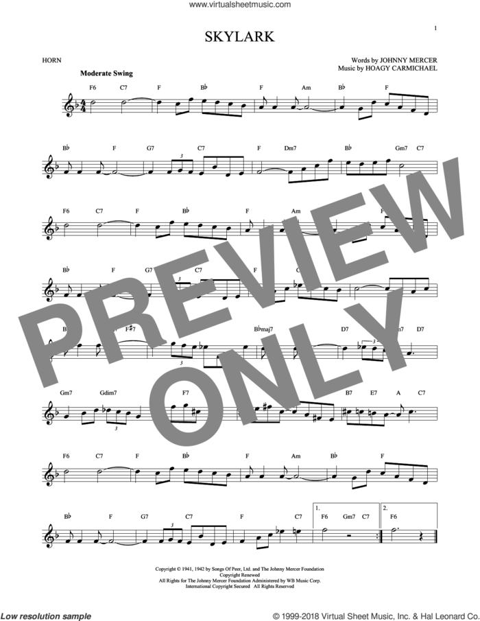 Skylark sheet music for horn solo by Hoagy Carmichael and Johnny Mercer, intermediate skill level