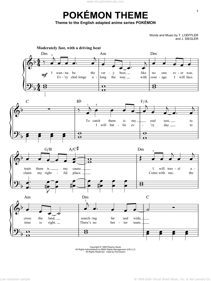 Pokemon Theme, (easy) sheet music for piano solo by J. Siegler and T. Loeffler, easy skill level