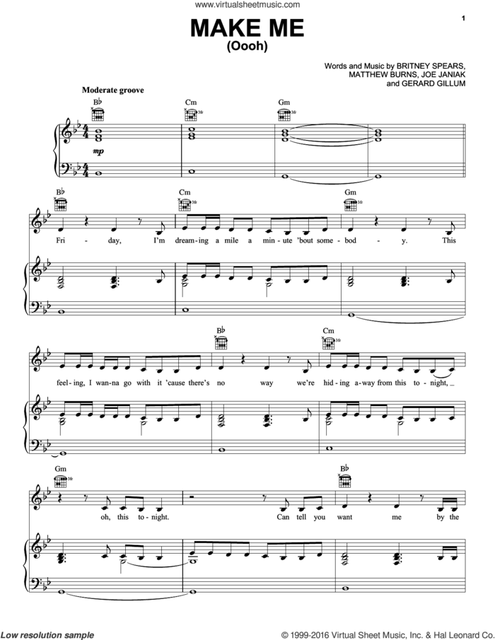 Make Me (Oooh) sheet music for voice, piano or guitar by Britney Spears feat. G-Eazy, G-Eazy, Britney Spears, Gerard Gillum, Joe Janiak and Matthew Burns, intermediate skill level