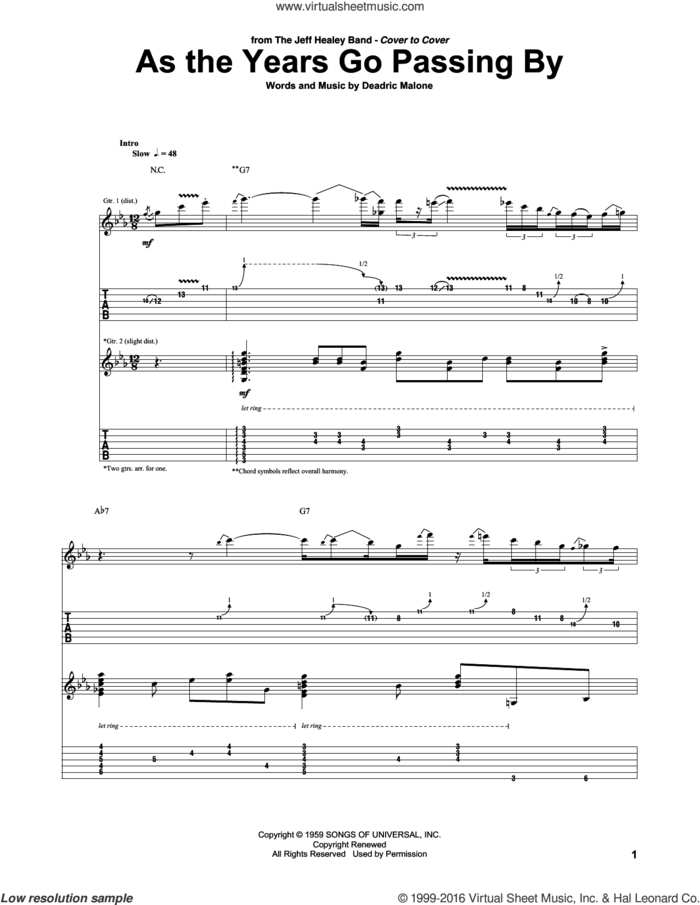 As The Years Go Passing By sheet music for guitar (tablature) by Jeff Healey Band and Deadric Malone, intermediate skill level