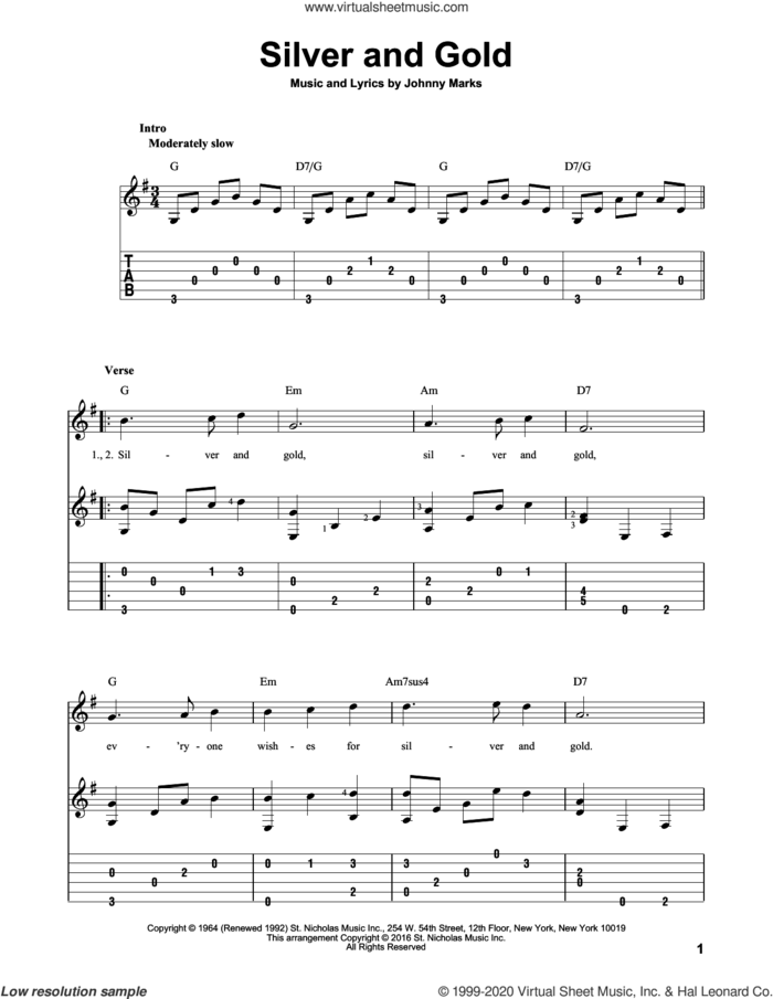 Silver And Gold sheet music for guitar solo by Johnny Marks, intermediate skill level