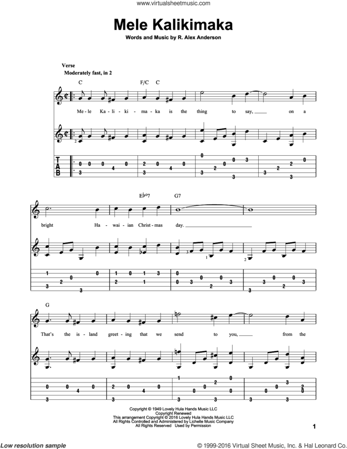 Mele Kalikimaka sheet music for guitar solo by R. Alex Anderson and Jake Owen, intermediate skill level