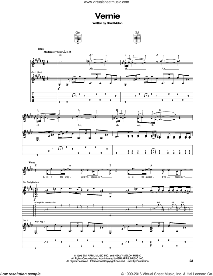 Vernie sheet music for guitar (tablature) by Blind Melon, intermediate skill level