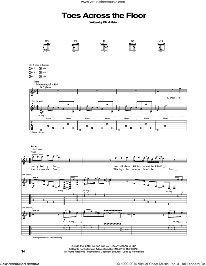 Toes Across The Floor sheet music for guitar (tablature) by Blind Melon, intermediate skill level