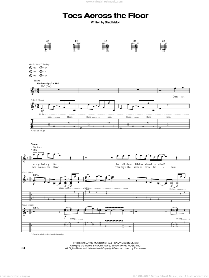 Toes Across The Floor sheet music for guitar (tablature) by Blind Melon, intermediate skill level