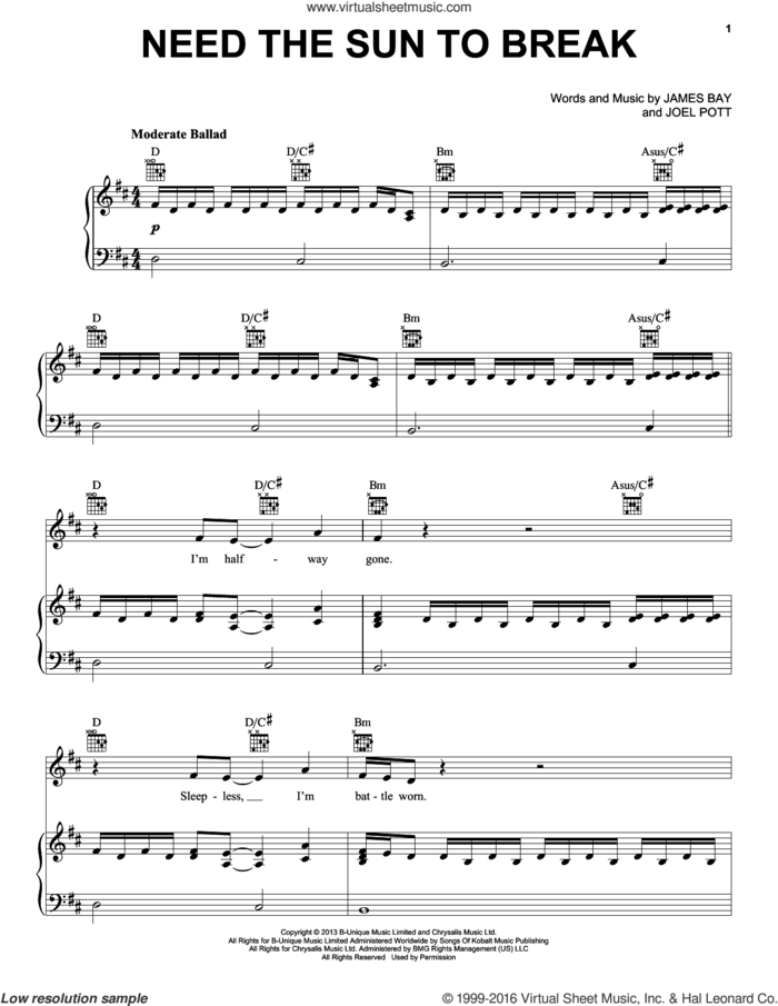 Need The Sun To Break sheet music for voice, piano or guitar by James Bay and Joel Pott, intermediate skill level