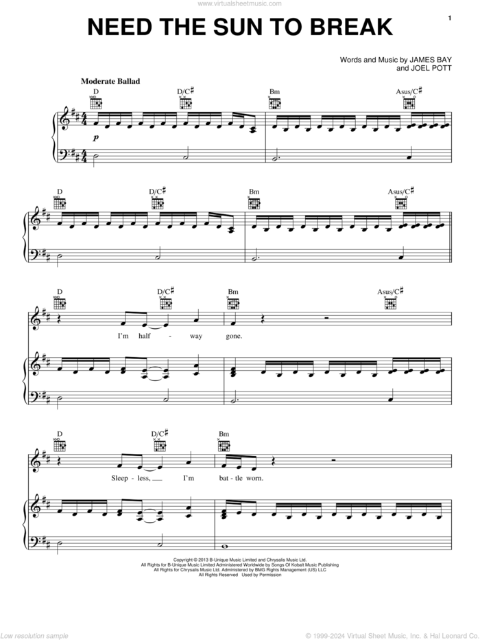 Need The Sun To Break sheet music for voice, piano or guitar by James Bay and Joel Pott, intermediate skill level