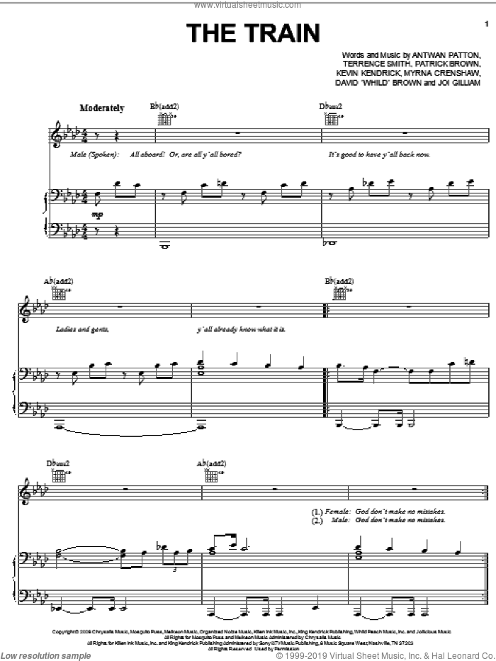 The Train sheet music for voice, piano or guitar by OutKast, Antwan Patton, David 'Whild' Brown, Joi Gilliam, Kevin Kendricks, Myrna Crenshaw, Patrick Brown and Terrence Smith, intermediate skill level