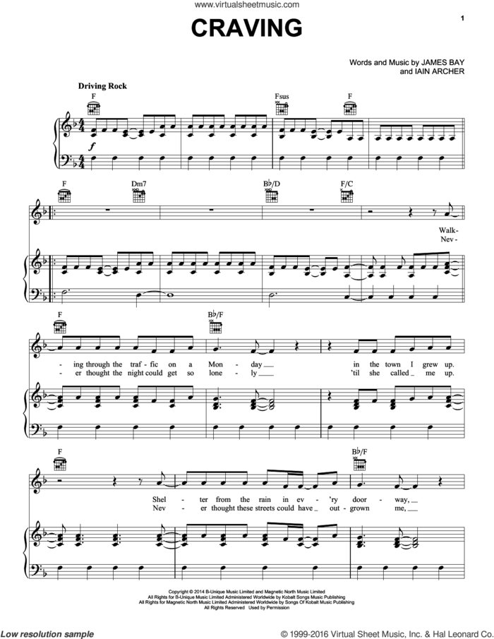 Craving sheet music for voice, piano or guitar by James Bay and Iain Archer, intermediate skill level