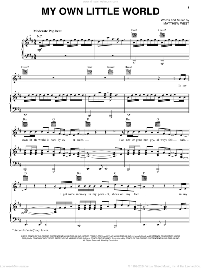 My Own Little World sheet music for voice, piano or guitar by Matthew West, intermediate skill level