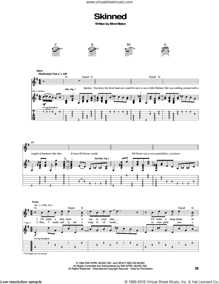 Skinned sheet music for guitar (tablature) by Blind Melon, intermediate skill level