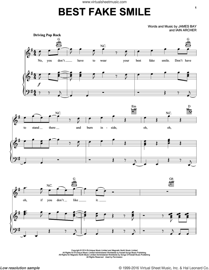 Best Fake Smile sheet music for voice, piano or guitar by James Bay and Iain Archer, intermediate skill level