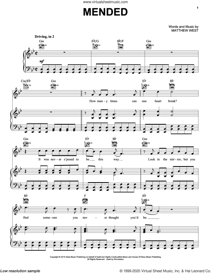 Mended sheet music for voice, piano or guitar by Matthew West, intermediate skill level