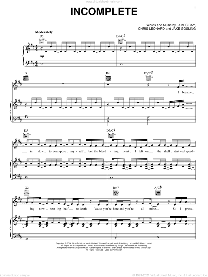 Incomplete sheet music for voice, piano or guitar by James Bay, Chris Leonard and Jake Gosling, intermediate skill level