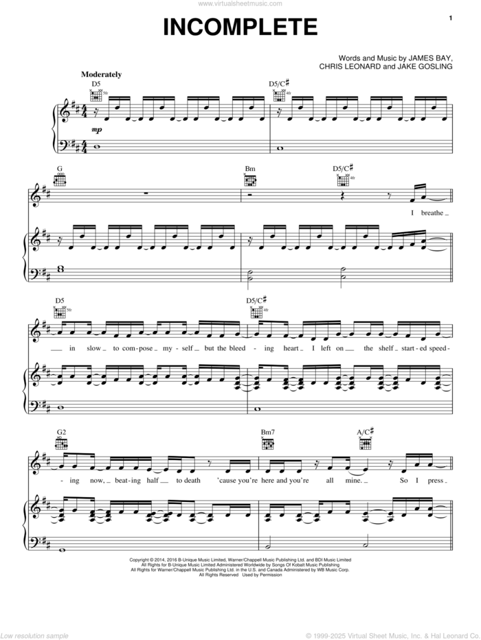 Incomplete sheet music for voice, piano or guitar by James Bay, Chris Leonard and Jake Gosling, intermediate skill level