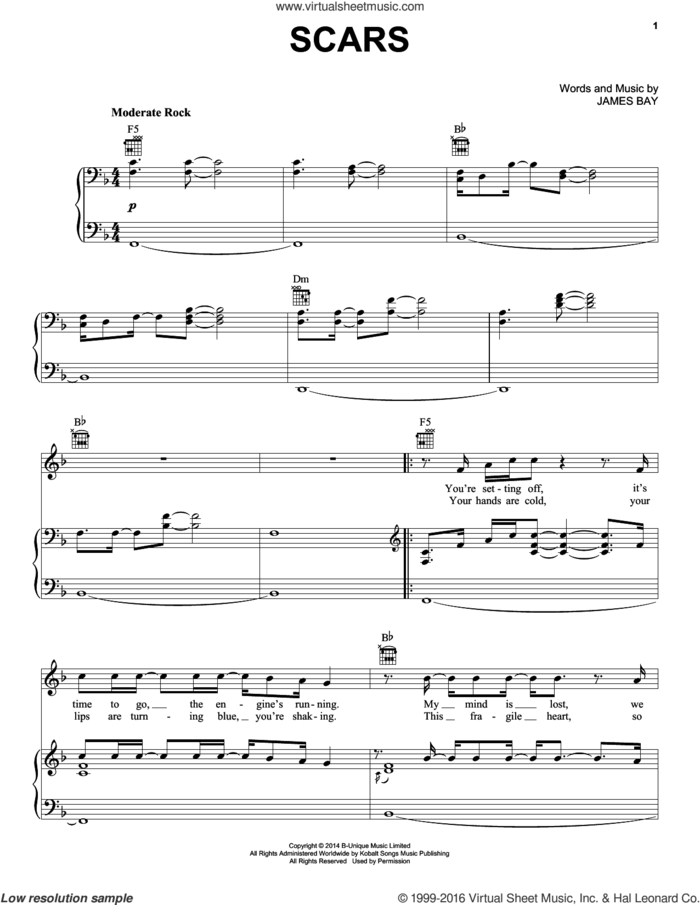 Scars sheet music for voice, piano or guitar by James Bay, intermediate skill level