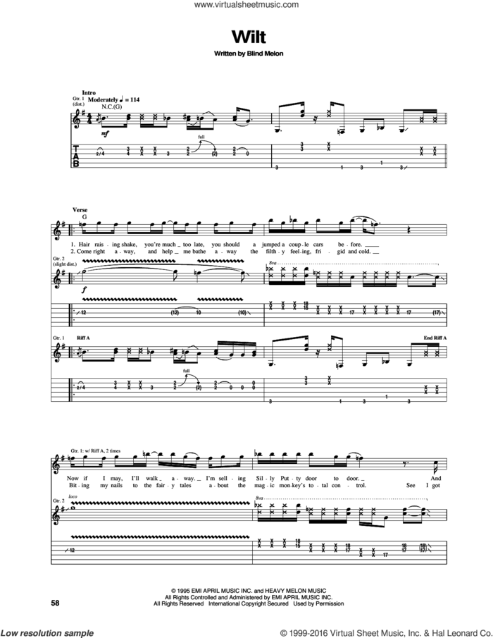 Wilt sheet music for guitar (tablature) by Blind Melon, intermediate skill level