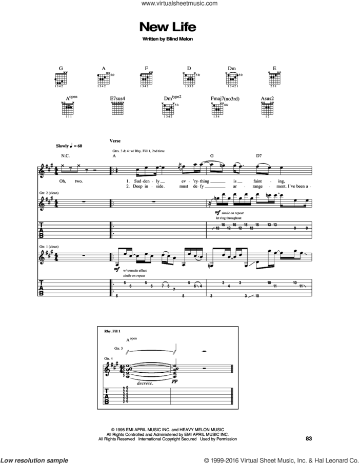 New Life sheet music for guitar (tablature) by Blind Melon, intermediate skill level