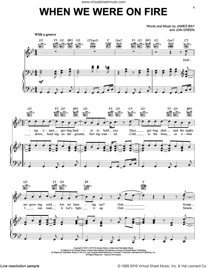 When We Were On Fire sheet music for voice, piano or guitar by James Bay and Johnny Green, intermediate skill level